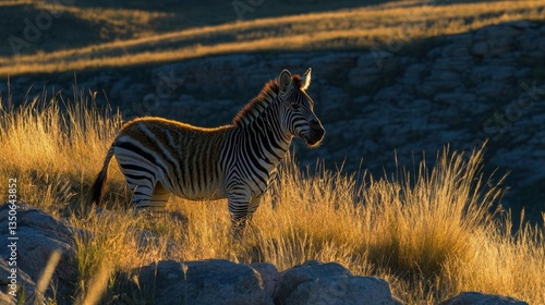 Zebra Standing Gracefully Amidst Golden Grasslands Under Soft Evening Sunlight