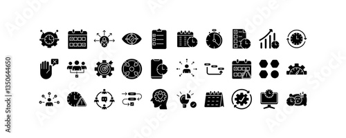 icon set time management with black fill style, isolated on white background editable.