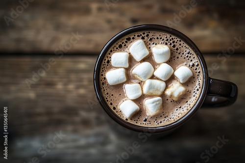 Rustic Wooden Tabletop with Dark Mug of Hot Chocolate and Mini Marshmallows