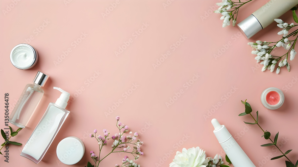 Flat lay of skincare products arranged on a pink background with flowers and greenery, creating a serene atmosphere Flat lay of skincare products arranged on a pink background with flowers and greenery, creating a serene atmosphere