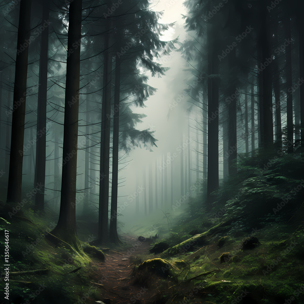 Fototapeta premium A foggy forest with trees disappearing into the mist
