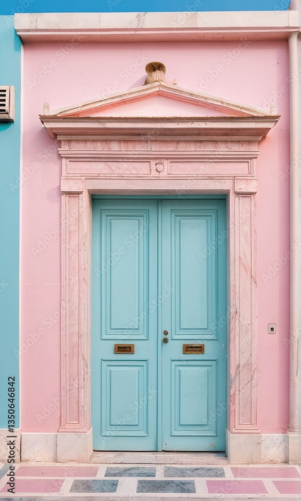 Fototapeta premium Pastel Pink Building with Teal Double Door