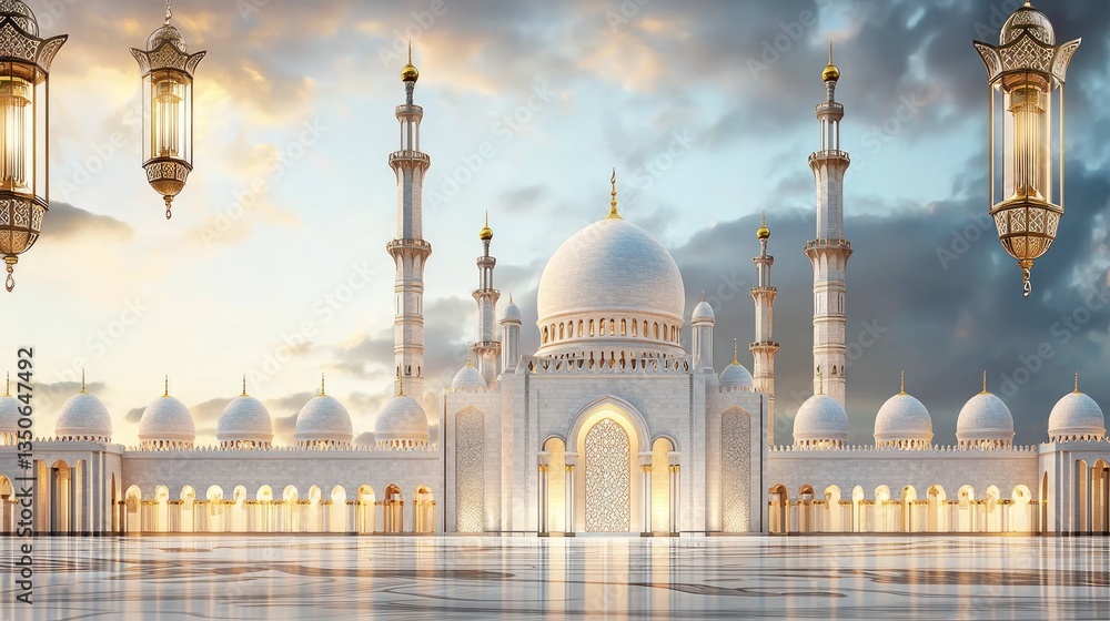 Fototapeta premium Stylish golden mosque with soft lighting and a rich, royal background, elegant Islamic banner.