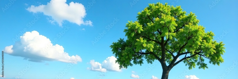 Tree against a clear blue sky with fluffy white clouds, branches, sky Tree against a clear blue sky with fluffy white clouds, branches, sky