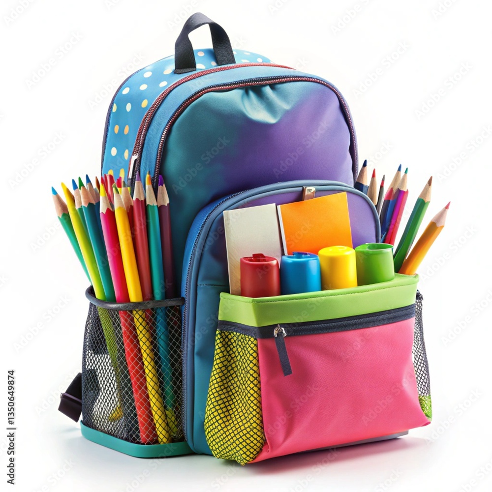 Backpack with different colorful stationery isolated on white background. Backpack with different colorful stationery isolated on white background.