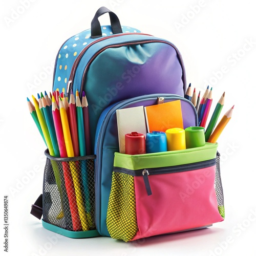 Backpack with different colorful stationery isolated on white background.
