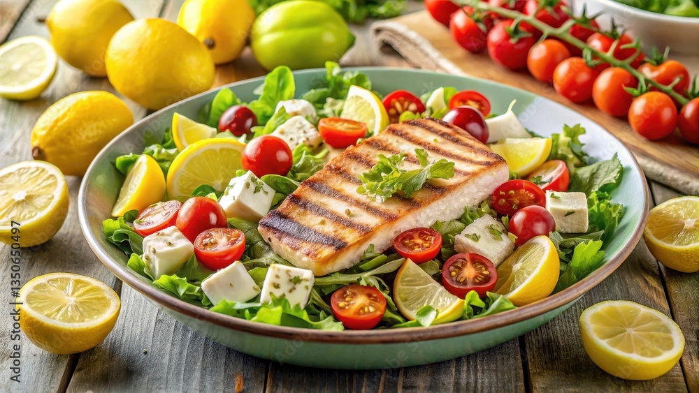 Fresh mixed salad with grilled fish, cherry tomatoes, cucumber, and feta cheese, dressed with a zesty lemon vinaigrette sauce Fresh mixed salad with grilled fish, cherry tomatoes, cucumber, and feta cheese, dressed with a zesty lemon vinaigrette sauce