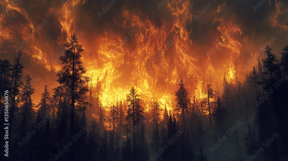 A raging forest fire burns with enormous bright orange flames A raging forest fire burns with enormous bright orange flames