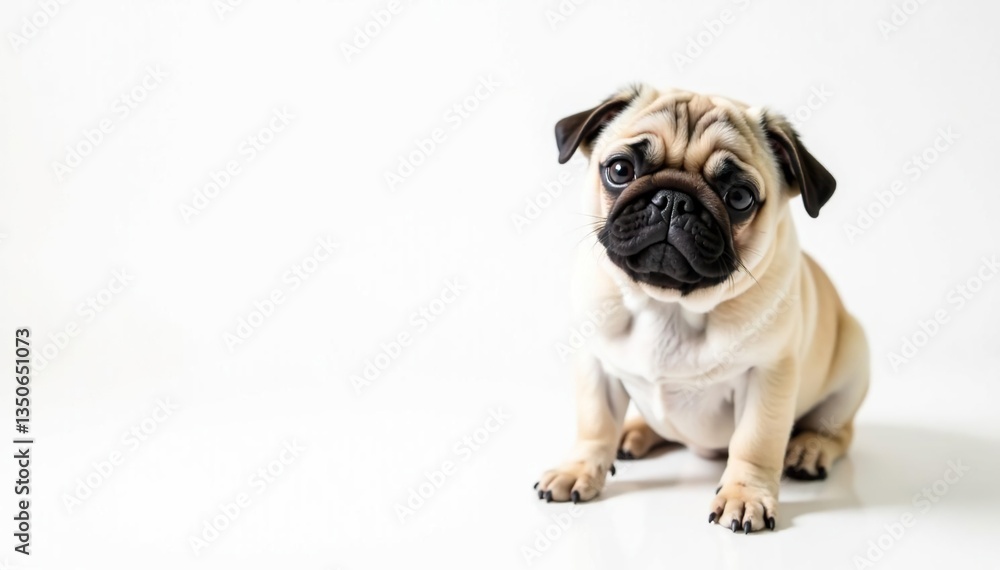 A lone pug, isolated on a bright white backdrop Focus on its endearing features , studio, close-up A lone pug, isolated on a bright white backdrop Focus on its endearing features , studio, close-up