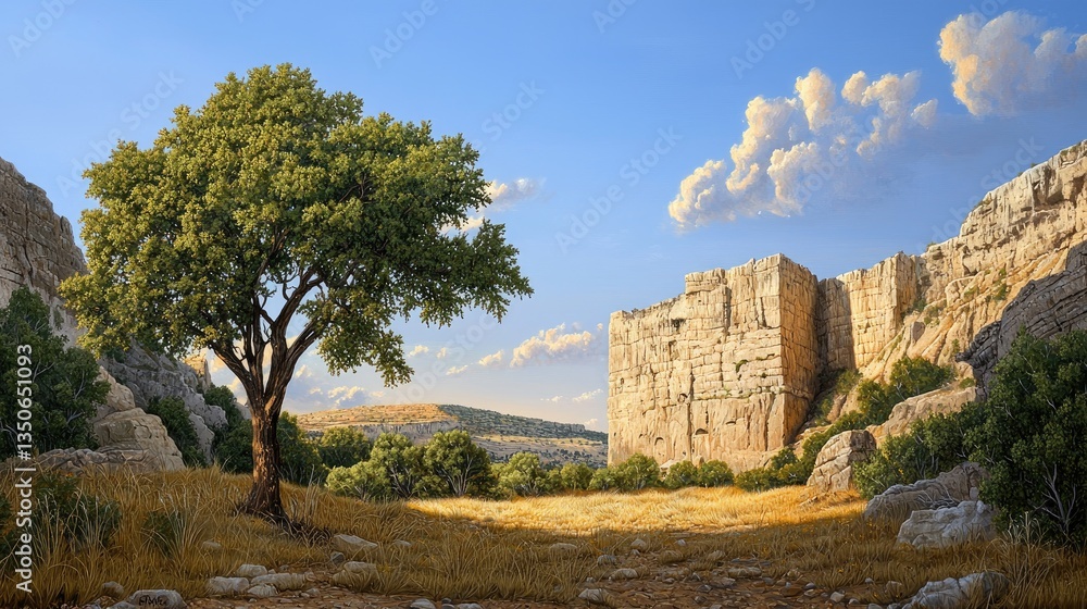 Fototapeta premium Towering canyon cliffs illuminated by the golden hues of a setting sun, a timeless landscape.