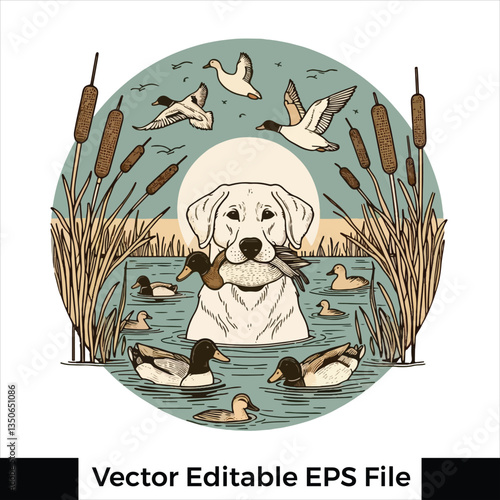 Vector Labrador retriever hunting duck in its mouth, duck hunting dog logo and  t-shirt design 