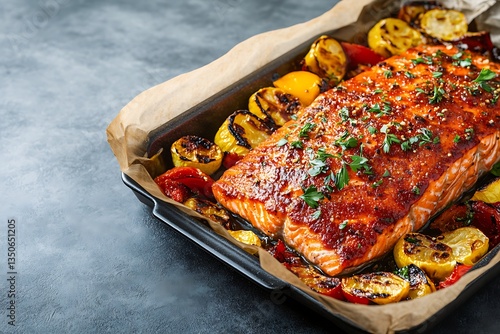 Roasted Salmon with Summer Squash and Peppers on Baking Sheet