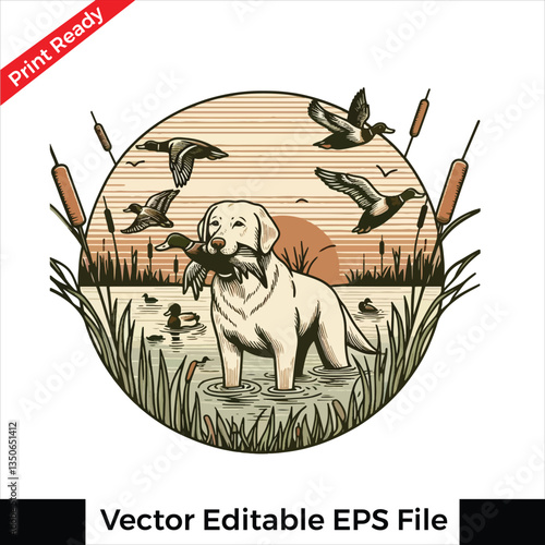 Vector Labrador retriever hunting duck in its mouth, duck hunting dog logo and  t-shirt design 