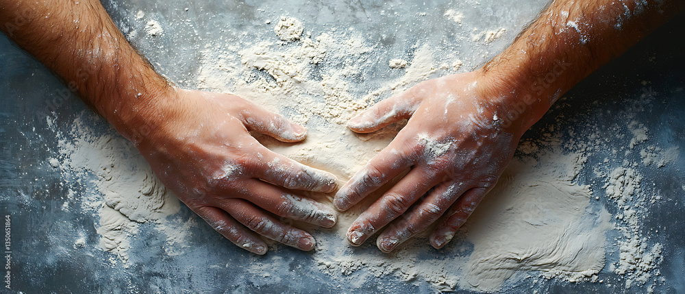 Fototapeta premium Flourdusted bakers hands shaping dough kitchen culinary art cozy environment overhead view baking craftsmanship