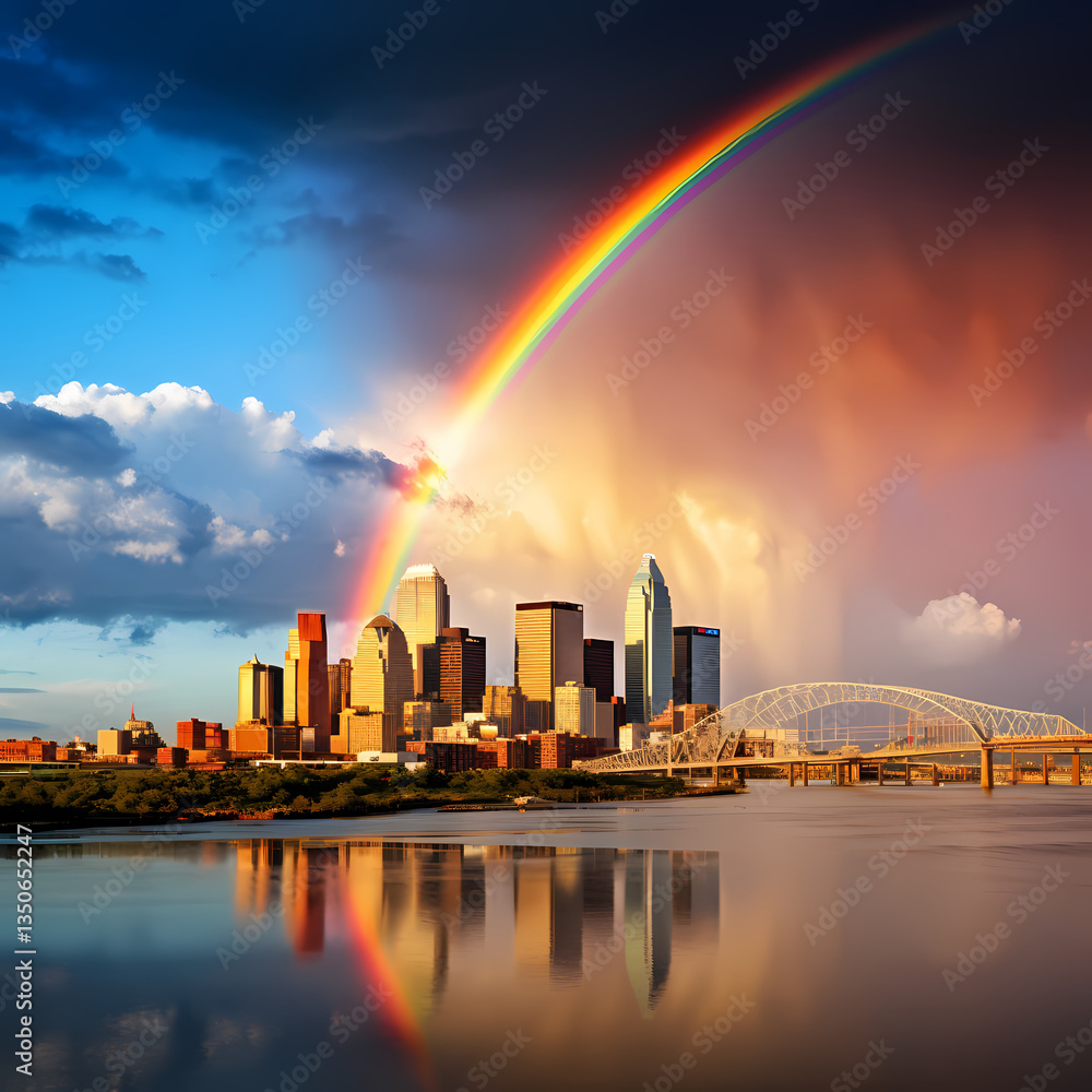 Obraz premium A rainbow over a city skyline.