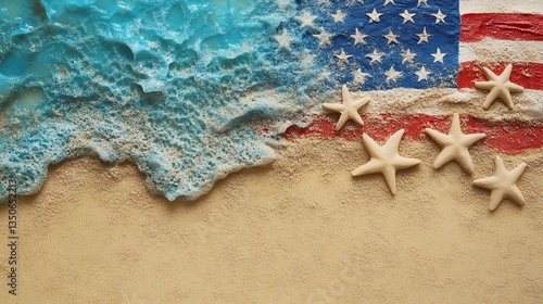 Patriotic beach scene; sand, wave, flag, stars; 4th July