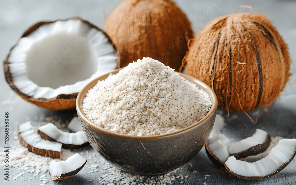 Delicious Bowl of Shredded Coconut Flakes with Whole Coconuts Delicious Bowl of Shredded Coconut Flakes with Whole Coconuts