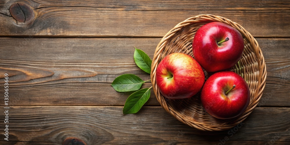 Top view of two ripe red apples in a basket on a wooden table, natural, fresh fruit, natural, fresh fruit Top view of two ripe red apples in a basket on a wooden table, natural, fresh fruit, natural, fresh fruit