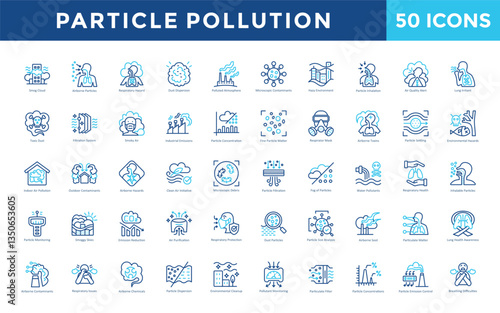 Particle pollution icon set with smog cloud, airborne particles, respiratory hazard, dust dispersion, polluted atmosphere, microscopic contaminants icon. Simple outline color vector 
