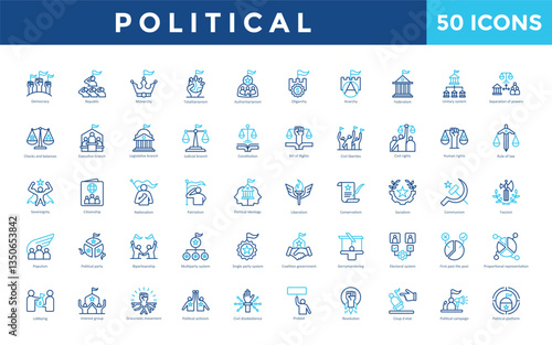 Political icon set with democracy, republic, monarchy, totalitarianism, authoritarianism, oligarchy, anarchy, federalism, unitary system icon. Simple outline color vector 
       
