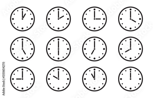 Set of Analog Clock Icons Showing Different Times – Minimal Vector Illustration