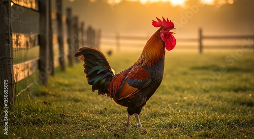 Rooster Crowing on Farm at Sunrise with Warm Golden Light