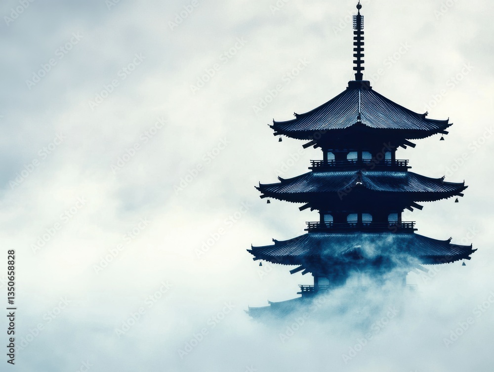 A serene pagoda emerges from mist, showcasing traditional Asian architectural beauty. A serene pagoda emerges from mist, showcasing traditional Asian architectural beauty.