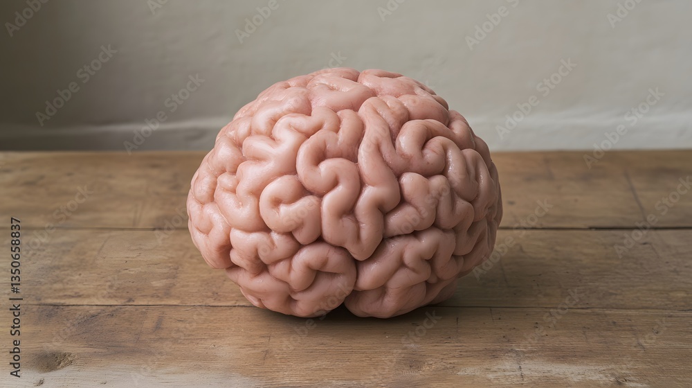 Realistic Human Brain Model on Wooden Table Realistic Human Brain Model on Wooden Table