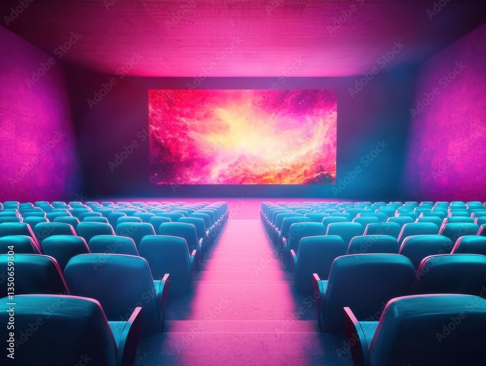Fototapeta premium A vibrant cinema hall with colorful lighting and empty seats waiting for viewers.