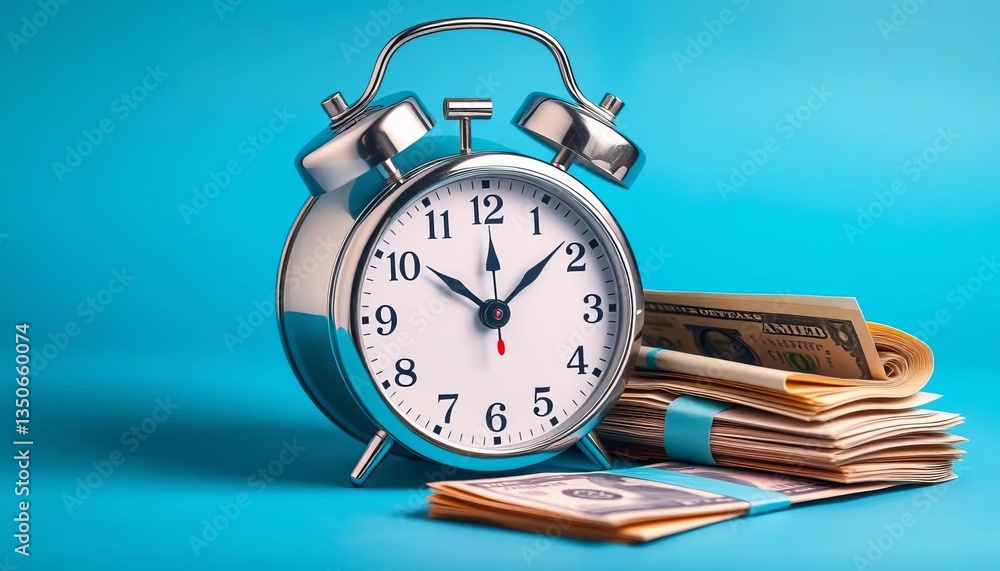 Close-up of alarm clock and cash on blue background, prepare, future Close-up of alarm clock and cash on blue background, prepare, future