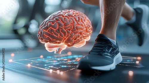 Dynamic fitness and cognitive development brain and running foot in gym environment abstract fitness concept vibrant colors