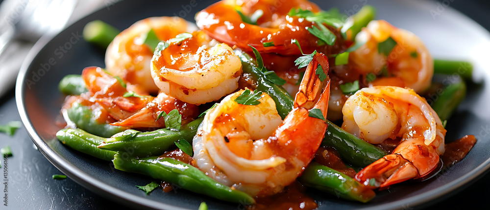 Gourmet shrimp dish with sprig beans and sauces coastal kitchen food photography elegant setting close-up view culinary experience Gourmet shrimp dish with sprig beans and sauces coastal kitchen food photography elegant setting close-up view culinary experience