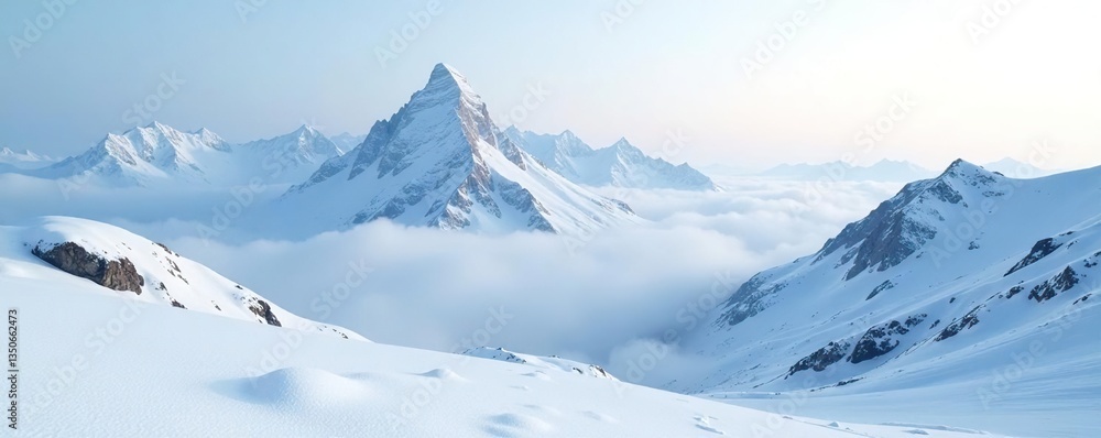 Obraz premium A foggy mountain peaks rise from the snowy white terrain, landscape, isolated