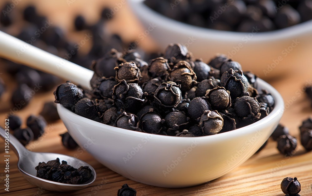 Closeup of Black Peppercorns in White Bowls on Wooden Surface Closeup of Black Peppercorns in White Bowls on Wooden Surface