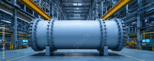Large industrial tank in a modern manufacturing facility with high-tech equipment.