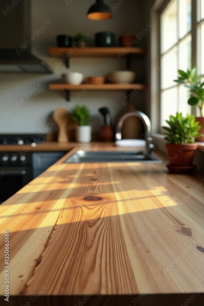 Empty wooden tabletop, out-of-focus kitchen setting, minimal, top Empty wooden tabletop, out-of-focus kitchen setting, minimal, top