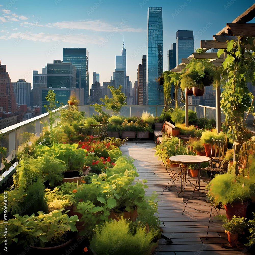 Fototapeta premium Urban rooftop garden with a view of the city 