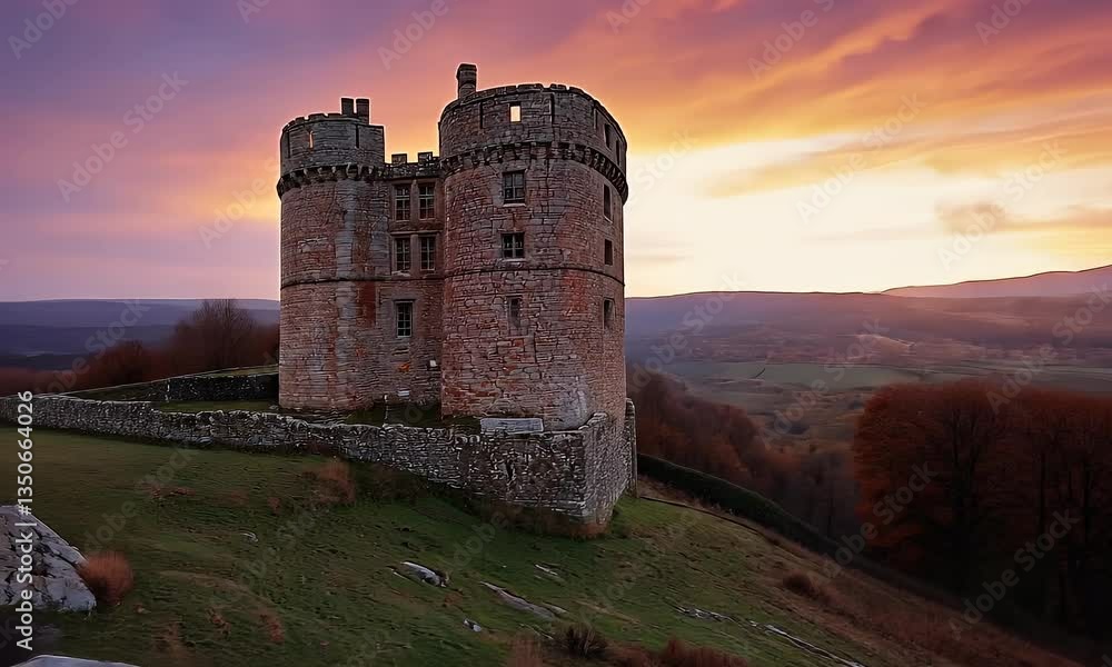 Majestic stone tower at sunset, overlooking autumnal valley. Perfect for travel brochures Majestic stone tower at sunset, overlooking autumnal valley. Perfect for travel brochures