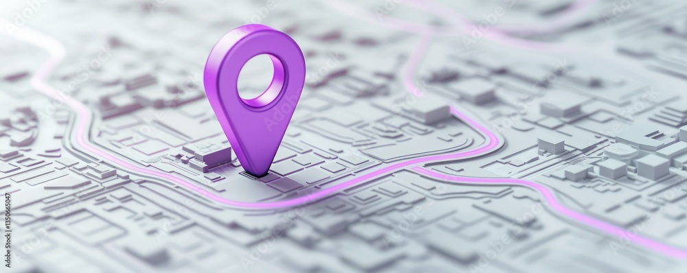 A 3D purple location pin icon placed on a stylized digital map, with pathways and transport routes marked in soft pastel colors A 3D purple location pin icon placed on a stylized digital map, with pathways and transport routes marked in soft pastel colors