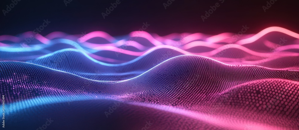 A 3D rendering of glowing waves in a line pattern, with dots in neon pink and electric blue flowing across a dark, minimalistic background A 3D rendering of glowing waves in a line pattern, with dots in neon pink and electric blue flowing across a dark, minimalistic background