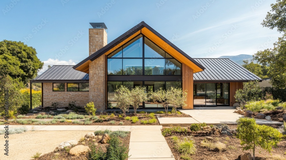 Modern farmhouse with large windows, stone facade, and metal roof. Modern farmhouse with large windows, stone facade, and metal roof.