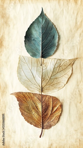 Autumn leaves vertically arranged on aged paper