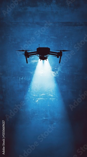 An aerial drone with lights spotlighting a surface
