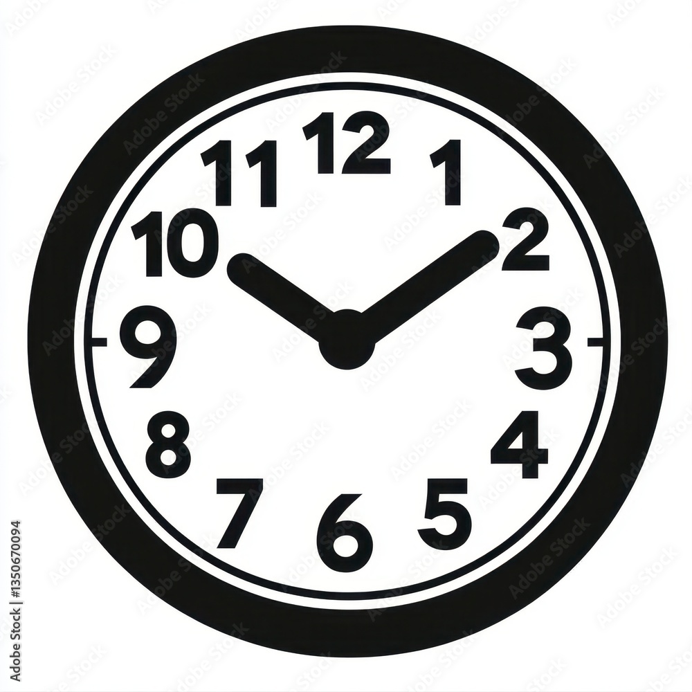 Black and white analog clock showing the time of 7 55. Simple design, minimalist style, round shape, clear numerals, and bold hands. Black and white analog clock showing the time of 7 55. Simple design, minimalist style, round shape, clear numerals, and bold hands.