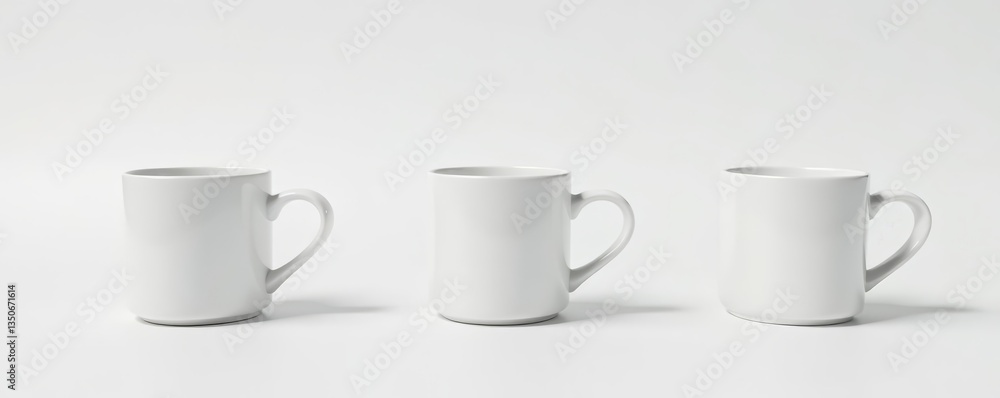 A straight row of blank, white ceramic mugs on a white background, cups, kitchen A straight row of blank, white ceramic mugs on a white background, cups, kitchen