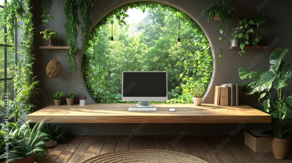 Fototapeta premium Modern home office with circular window, plants, and computer.