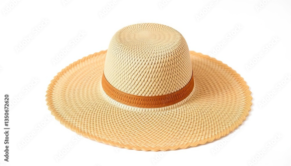 A wide brimmed straw beach hat rests on a pristine white background, isolated, beachwear A wide brimmed straw beach hat rests on a pristine white background, isolated, beachwear