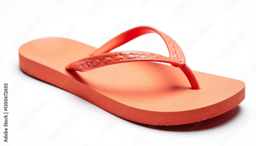 Close-up view of a flip-flop, isolated on pure white backdrop, rubber, fashion, detail Close-up view of a flip-flop, isolated on pure white backdrop, rubber, fashion, detail