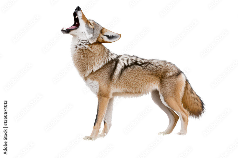 Fototapeta premium A coyote stands proudly, howling into night sky, showcasing its beautiful fur and alert posture. This wild animal embodies spirit of nature and freedom
