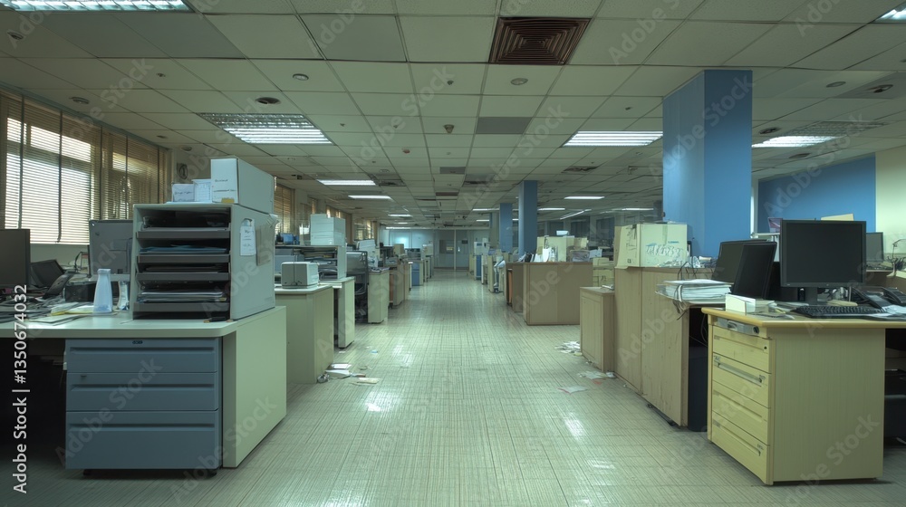 Empty office space with beige desks and computers, light gray floor, and pale blue wall. The overall lighting is dim and the atmosphere is deserted. Empty office space with beige desks and computers, light gray floor, and pale blue wall. The overall lighting is dim and the atmosphere is deserted.